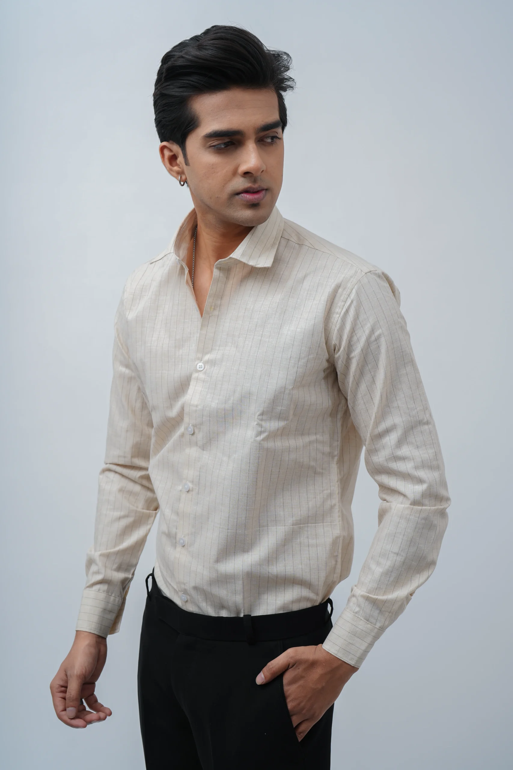 Classic Beige Pinstripe Cotton Shirt