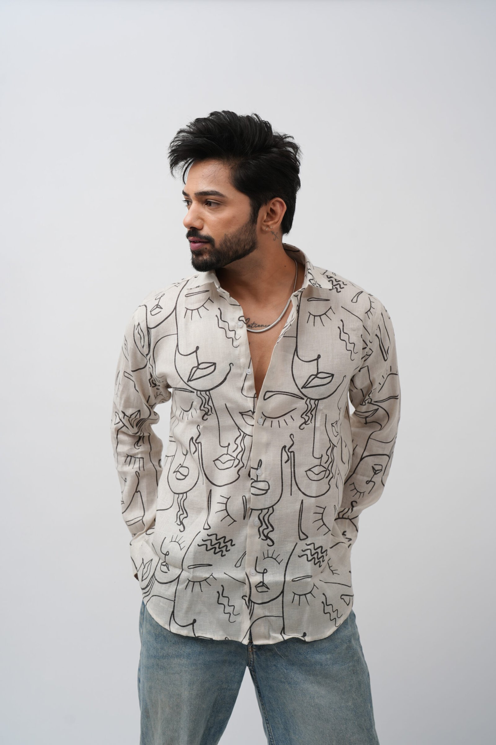 Abstract Line Art Face Print Casual Shirt