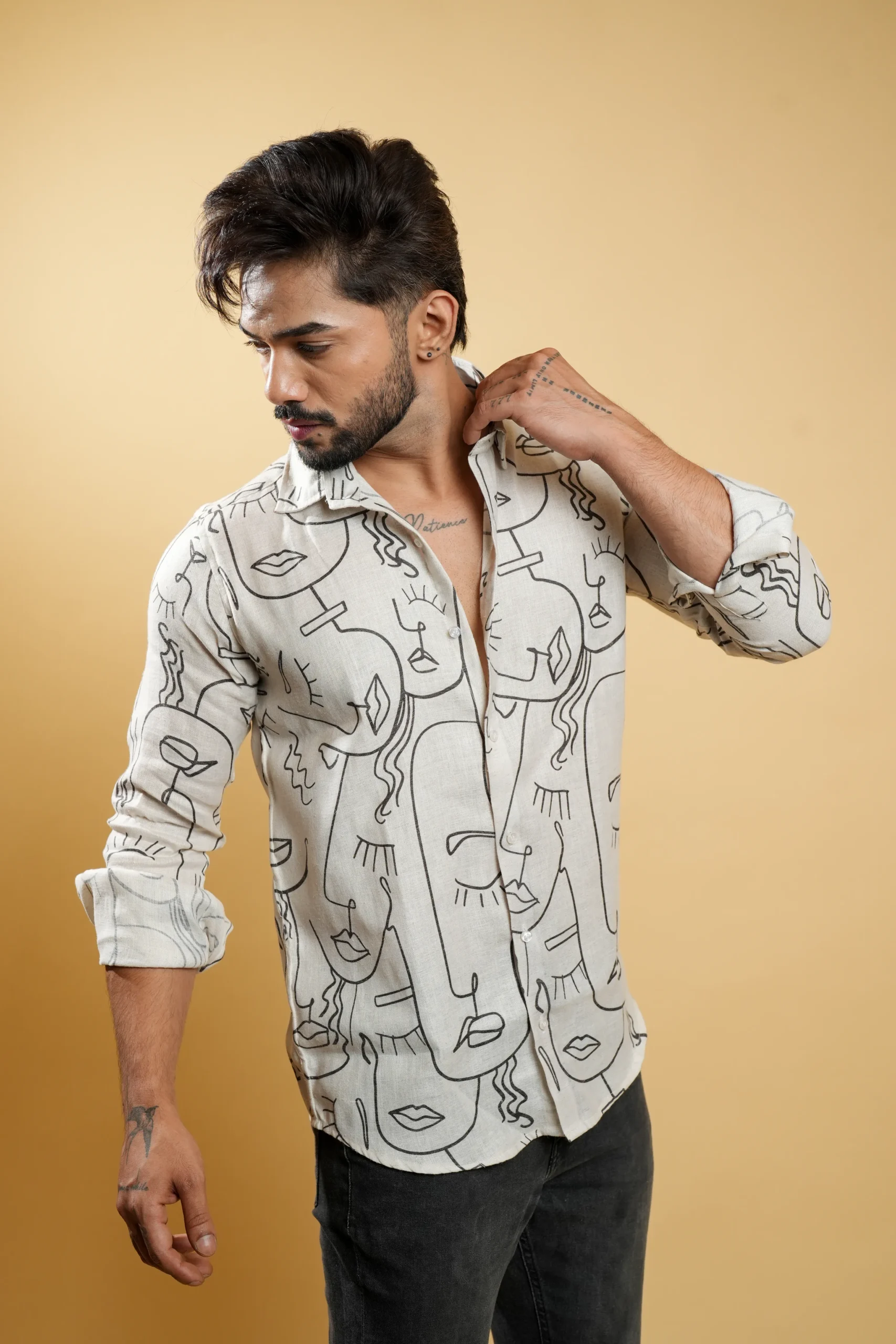 Abstract Line Art Face Print Casual Shirt