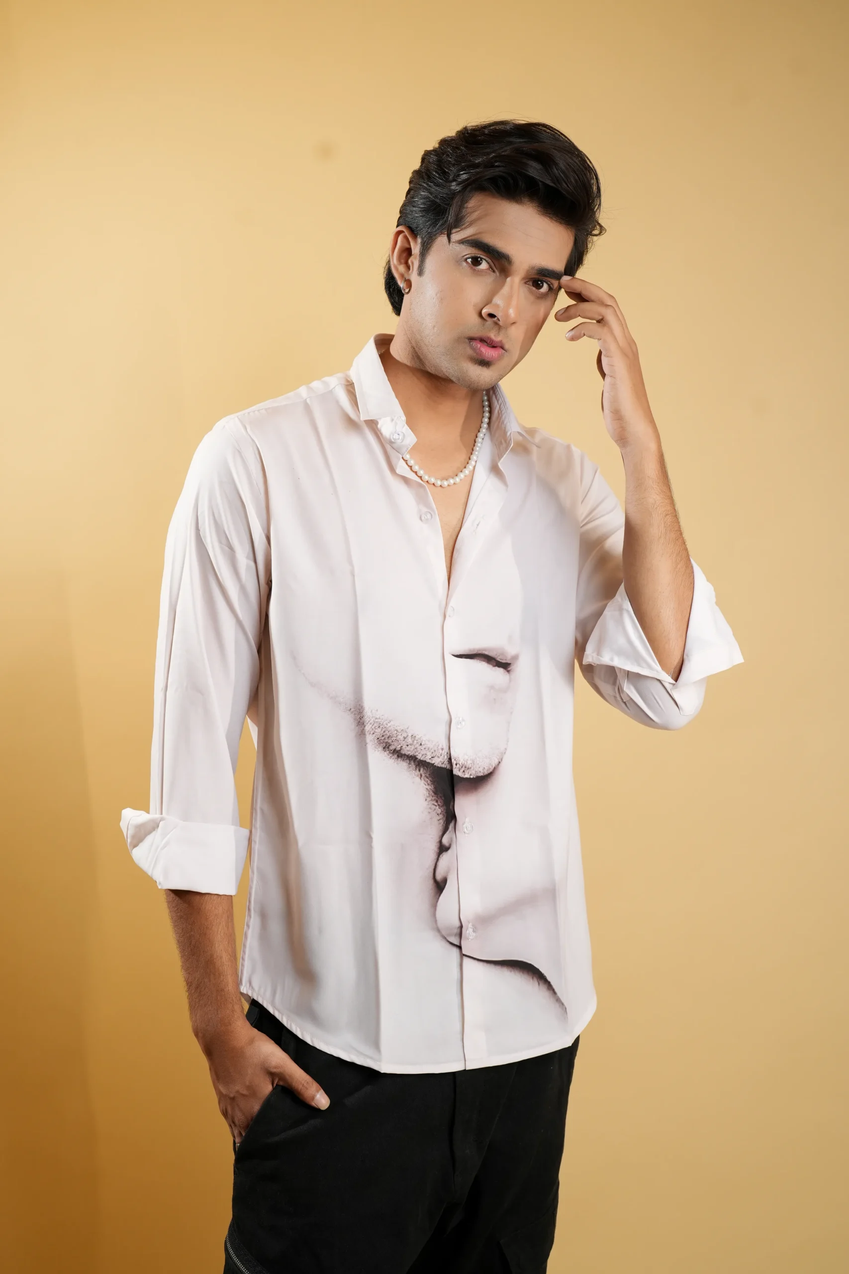 Abstract Face Print White Casual Shirt