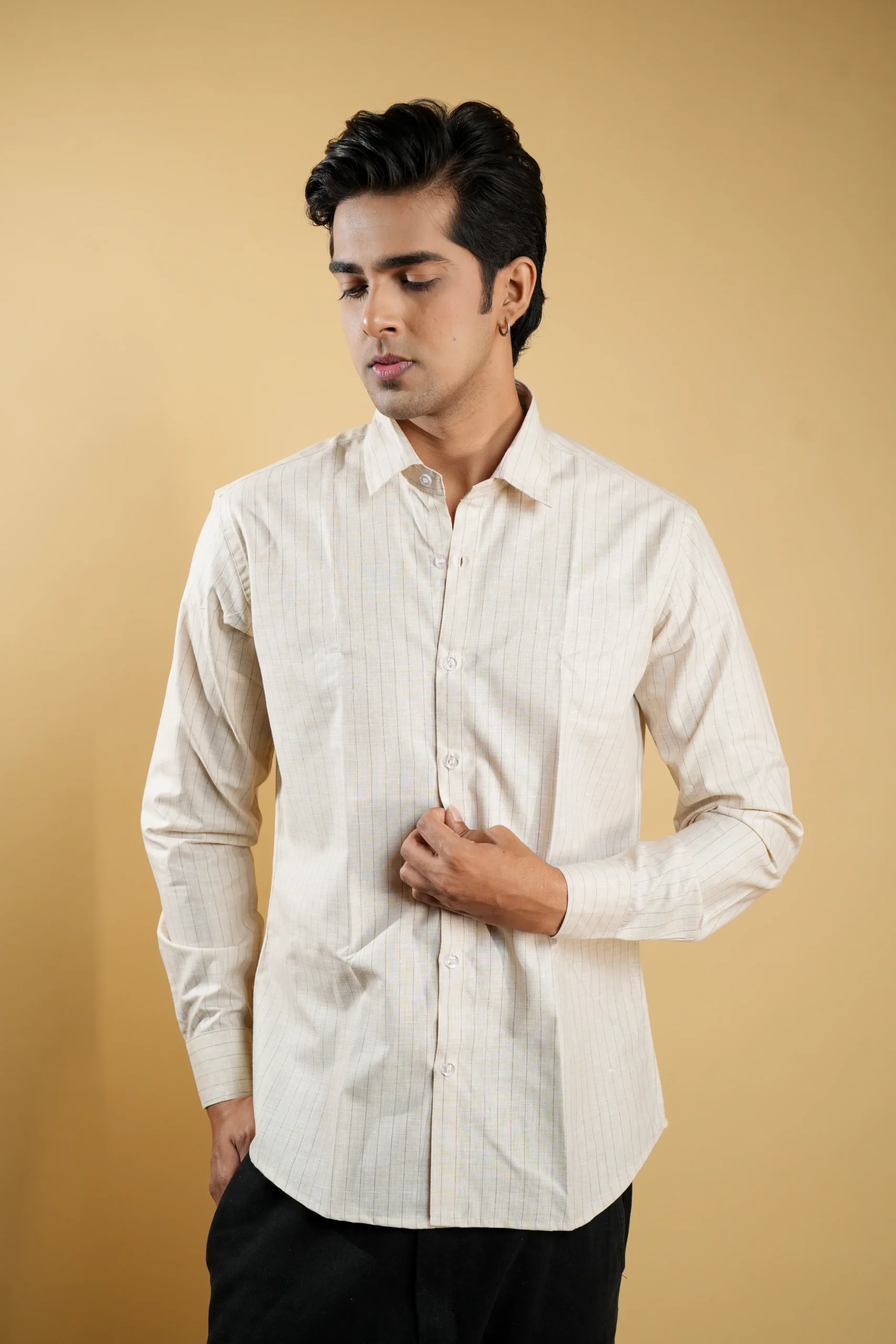 Classic Beige Pinstripe Cotton Shirt