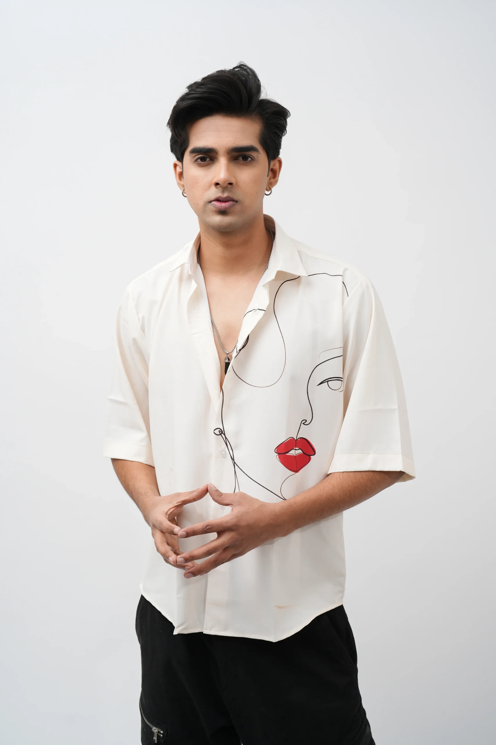 Abstract Face Line Art Graphic Printed Off-White Shirt for Men