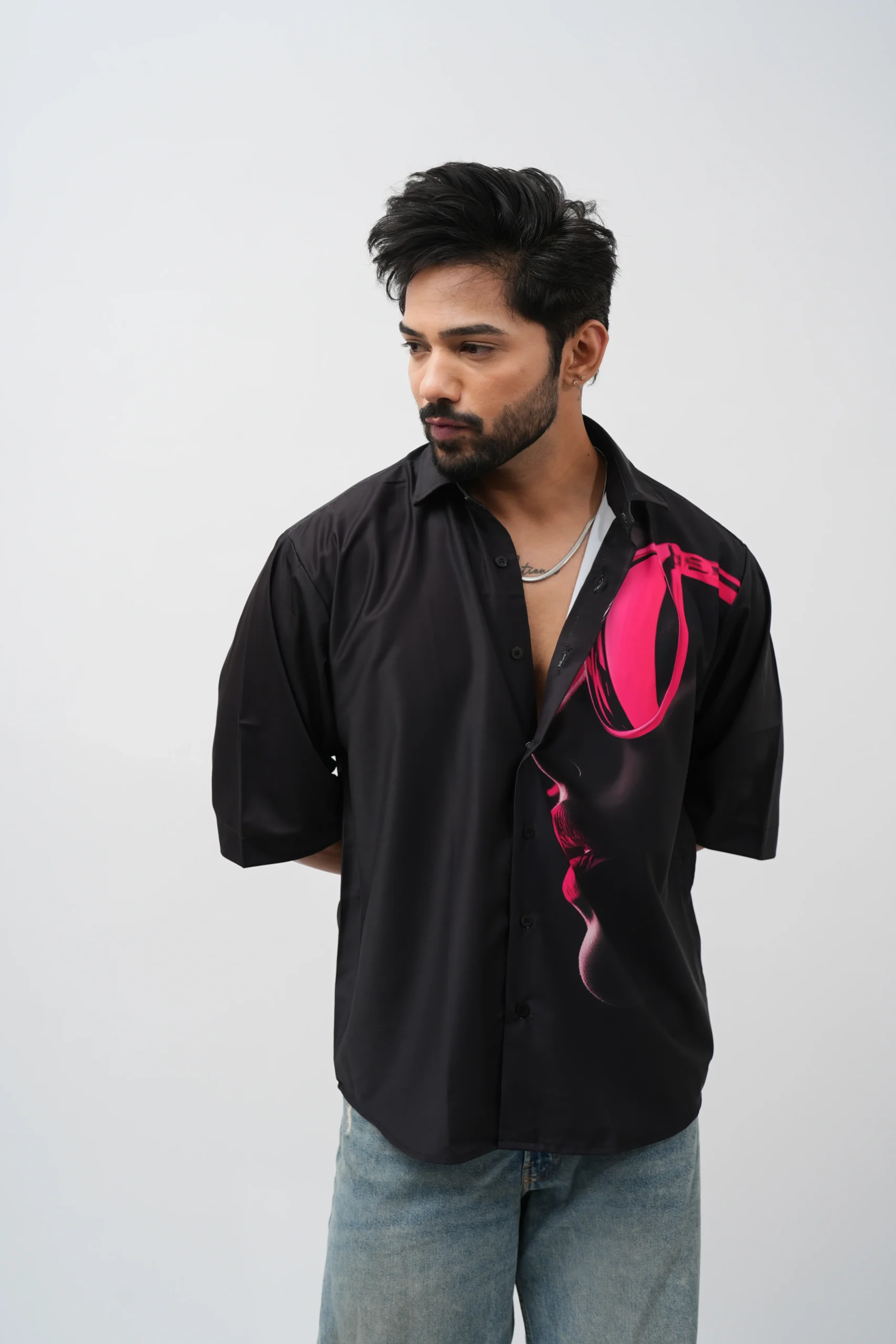 Black Neon Face Graphic Printed Shirt for Men