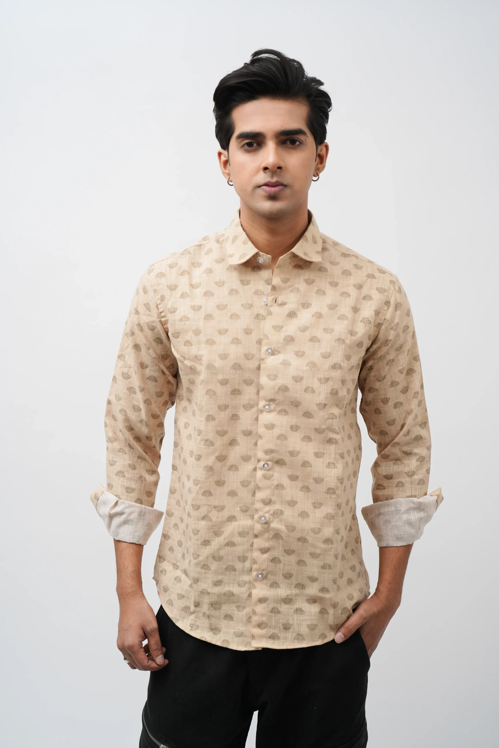 Premium Beige Micro-Print Cotton Shirt for Men