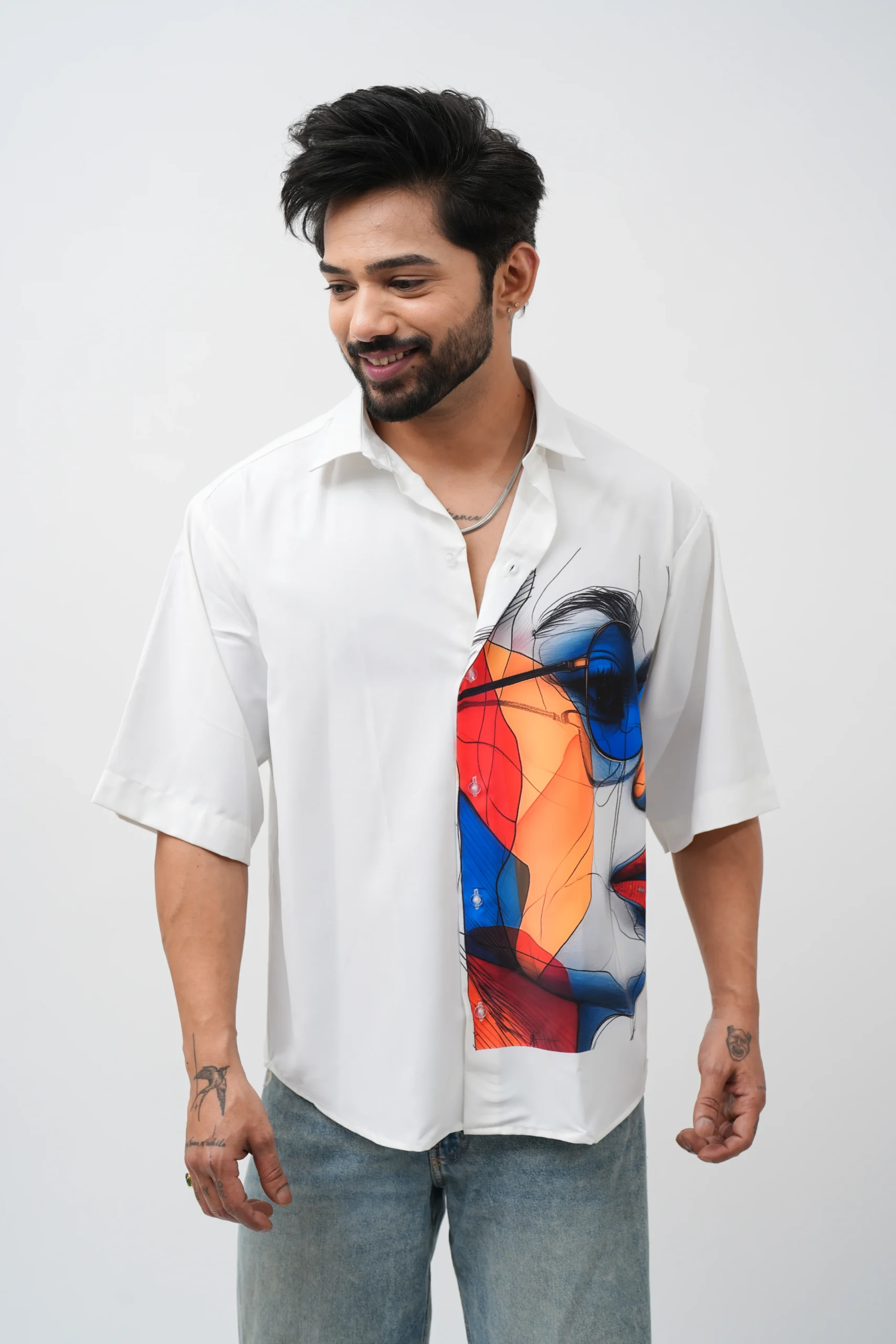 White Abstract Face Printed Casual Shirt for Men