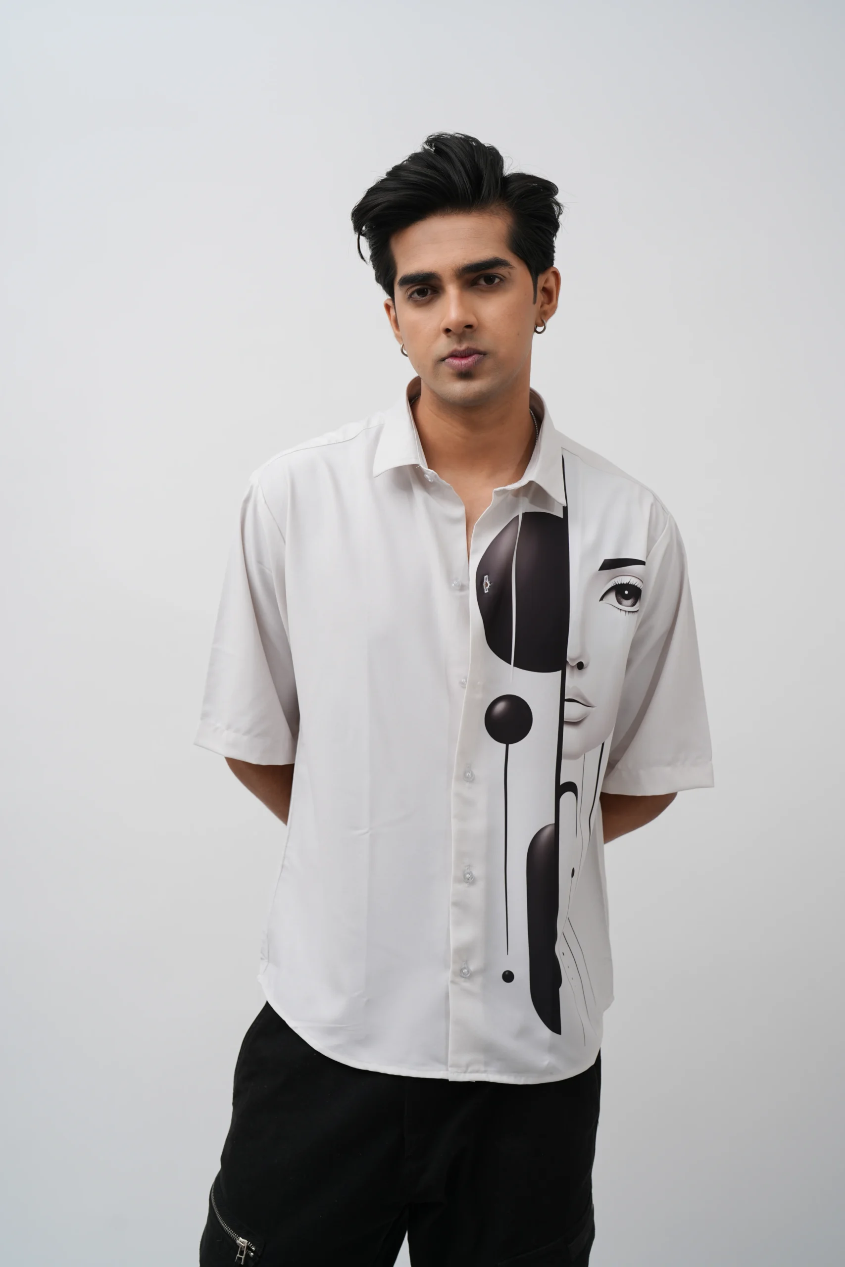 White Minimal Face Art Printed Shirt for Men
